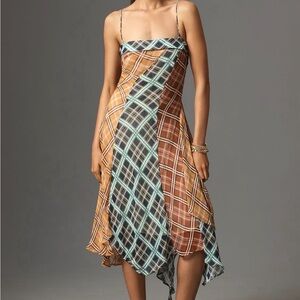 Anthropologie Plaid Asymmetrical Slip Dress in Brown & Aqua